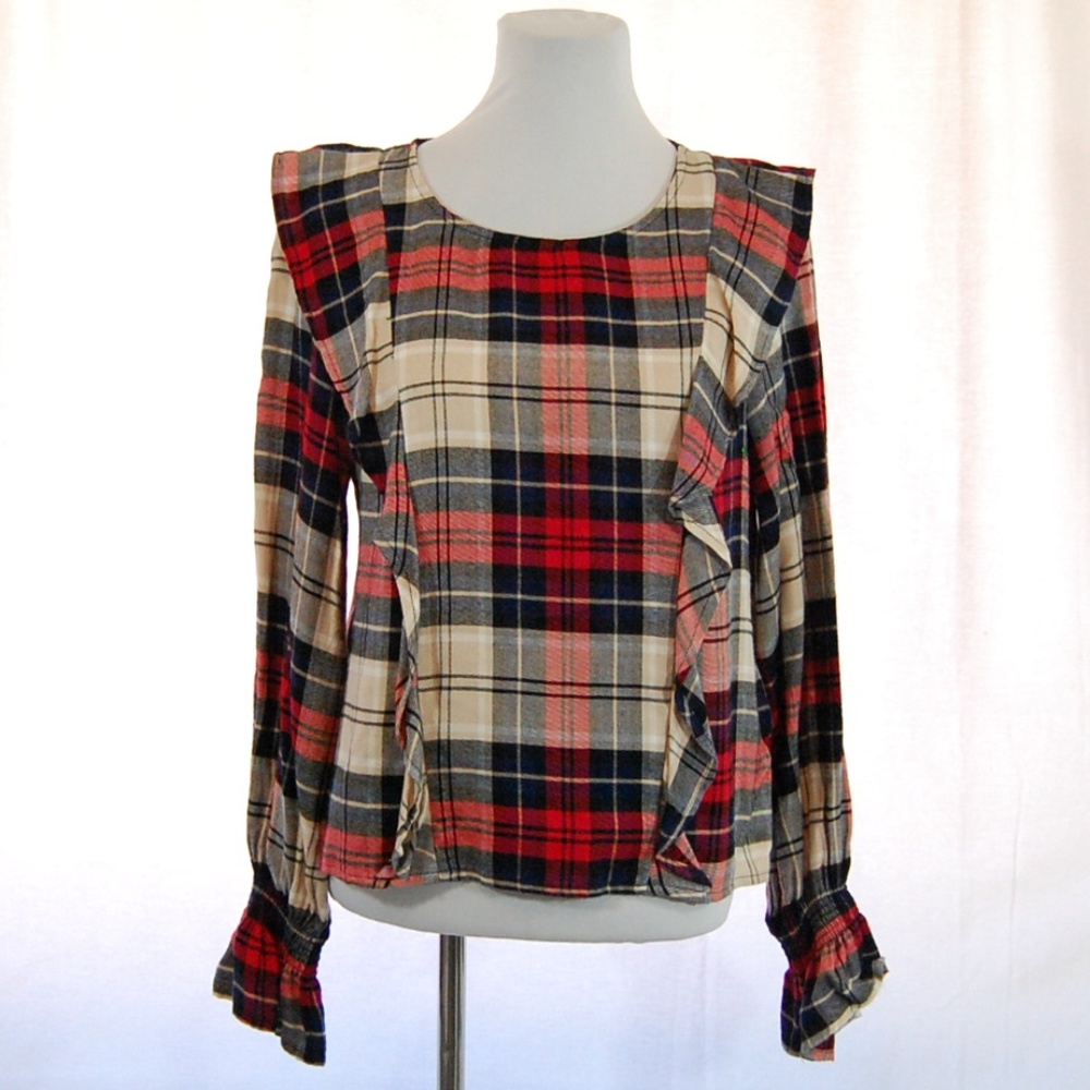 Kensie Plaid Ruffle Top (NWT)